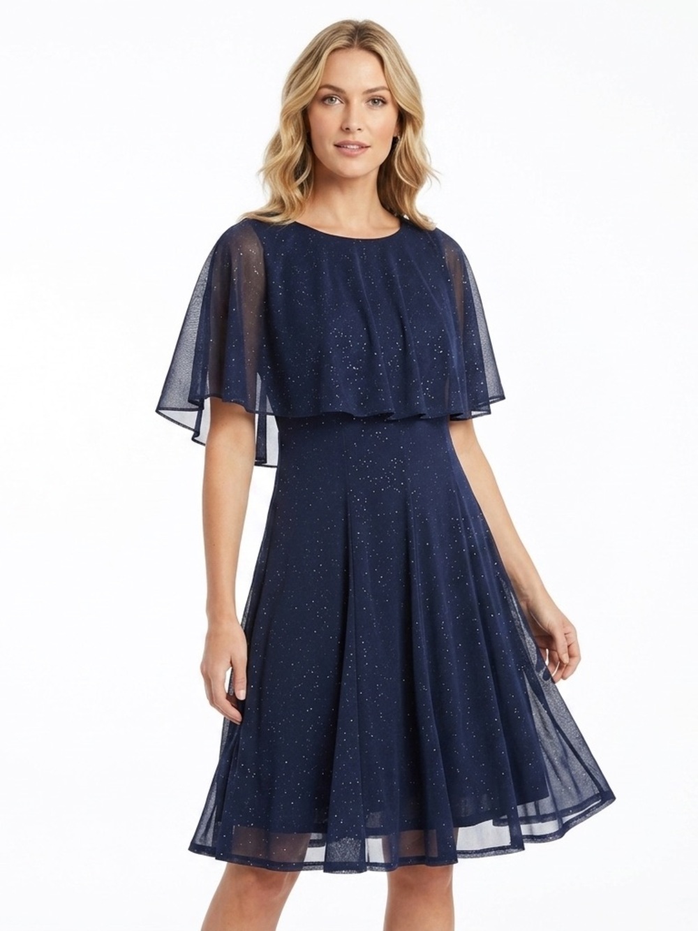 J. Taylor Womens 12 Navy Blue Sparkle Mesh Capelet Sleeve Cocktail Midi Dress